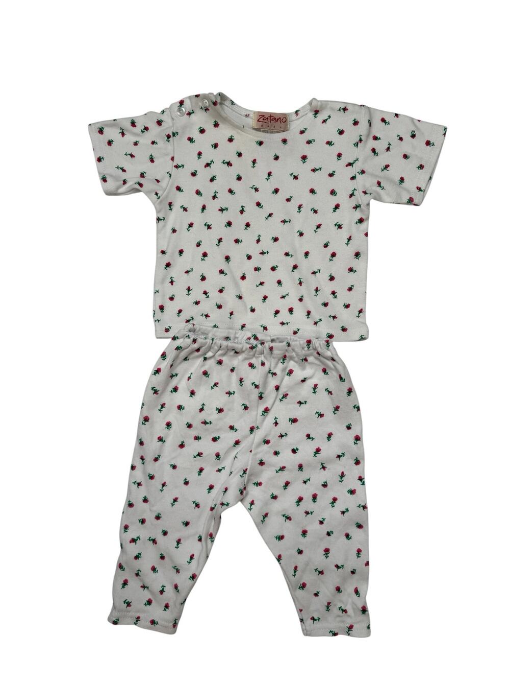 Vintage ZUTANO Sweet Roses Layette Set Sz 0-3 Months Top Pants Button White Red